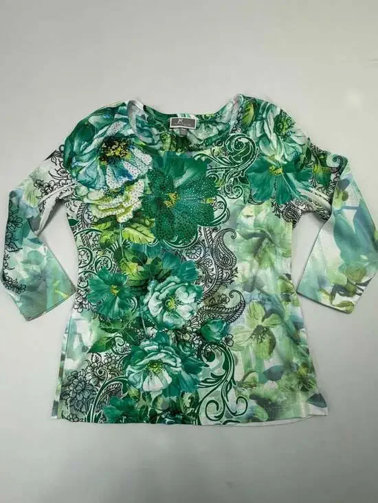 JM Collection Petite Green Floral Rhinestone Embellished 3/4 Sleeve Top - Picture 1 of 10